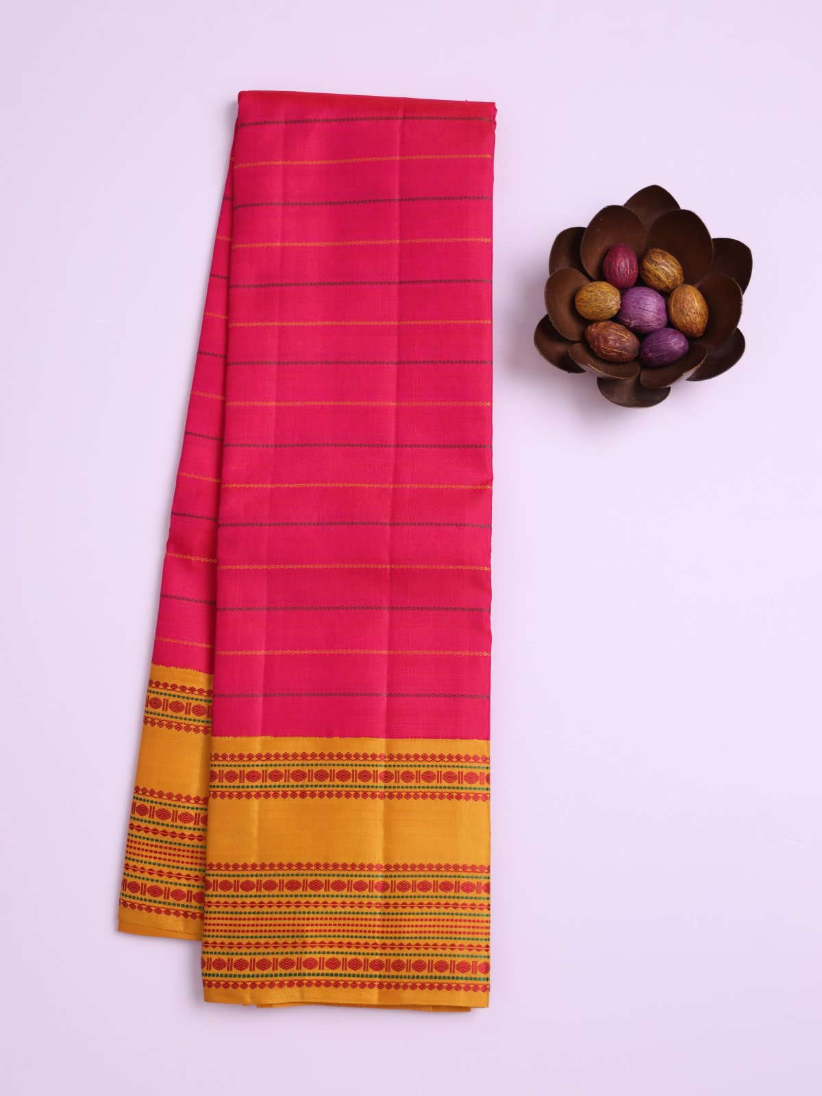 Reddish Pink Striped Kanjeevaram Pattu Pettu Silk Saree with Mustard Yellow Border
