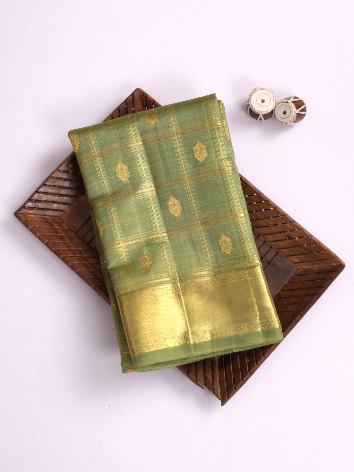 Pastel Green Zari Checked Kanjeevaram Organza Silk Saree With Zari Border