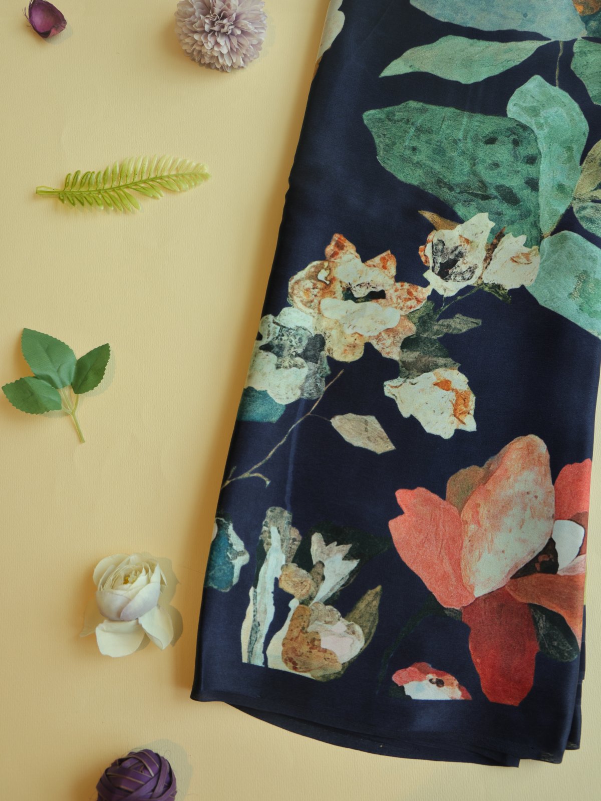 Navy Blue Satin Crepe Silk Saree With Floral Prints