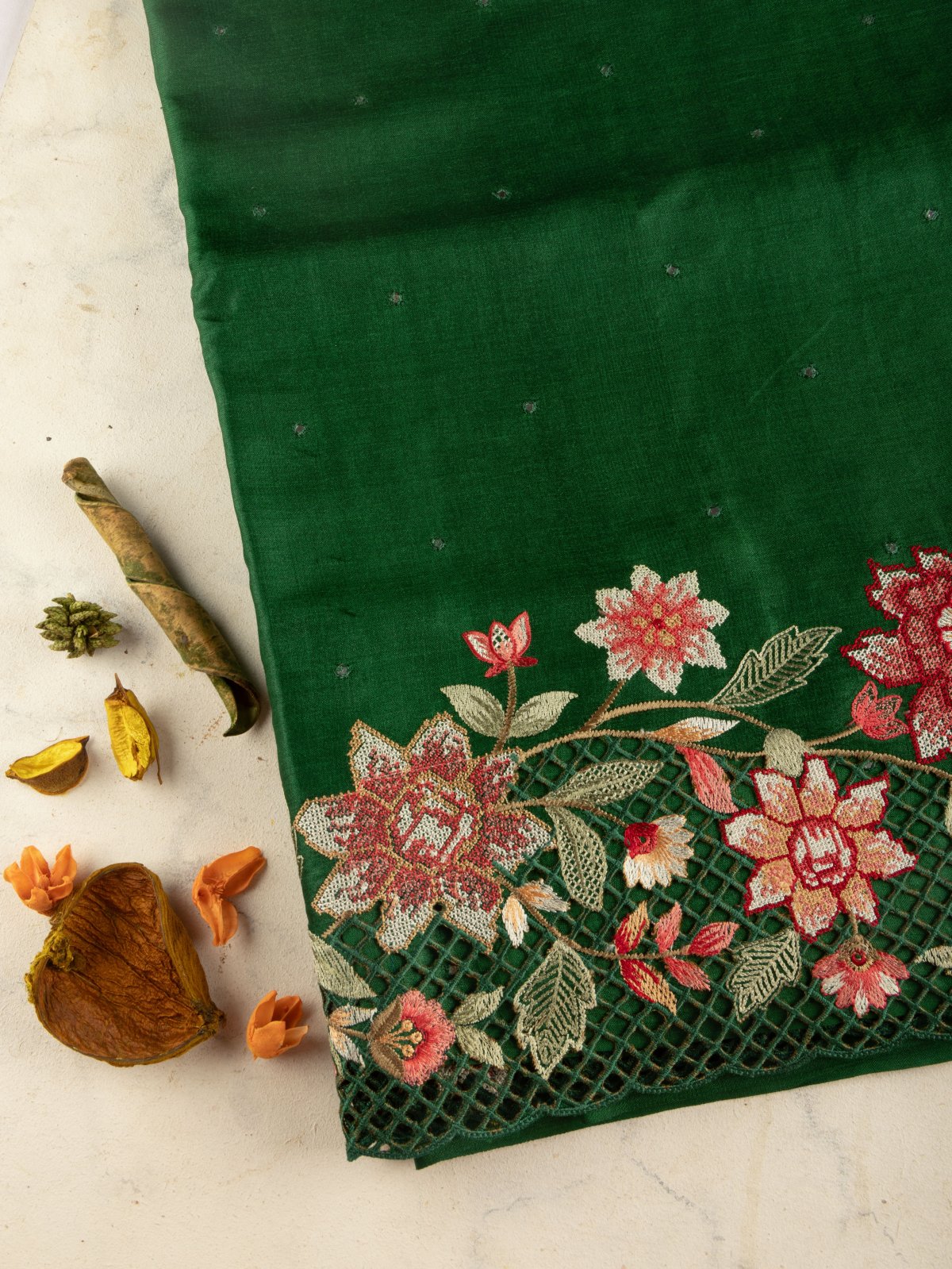 Green Tussar Silk Saree with Floral Embroidery Border