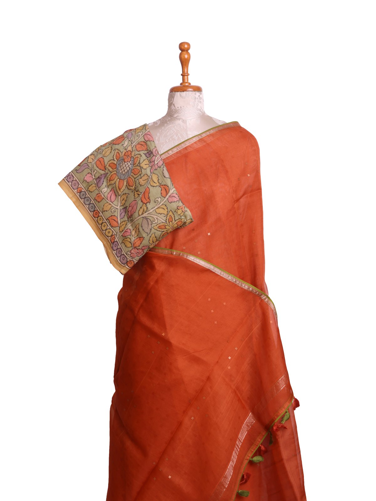 Rust Orange Organza Silk Saree with Kalamkari Blouse