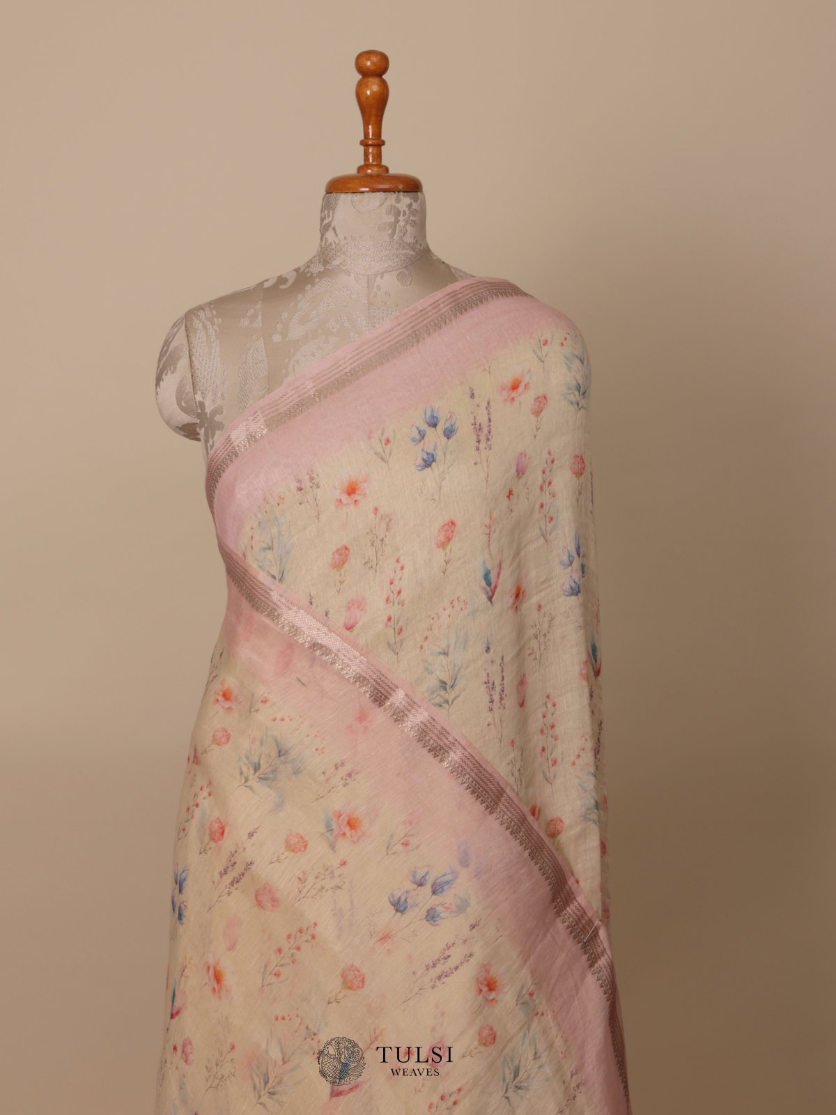 Cream Printed Linen Saree