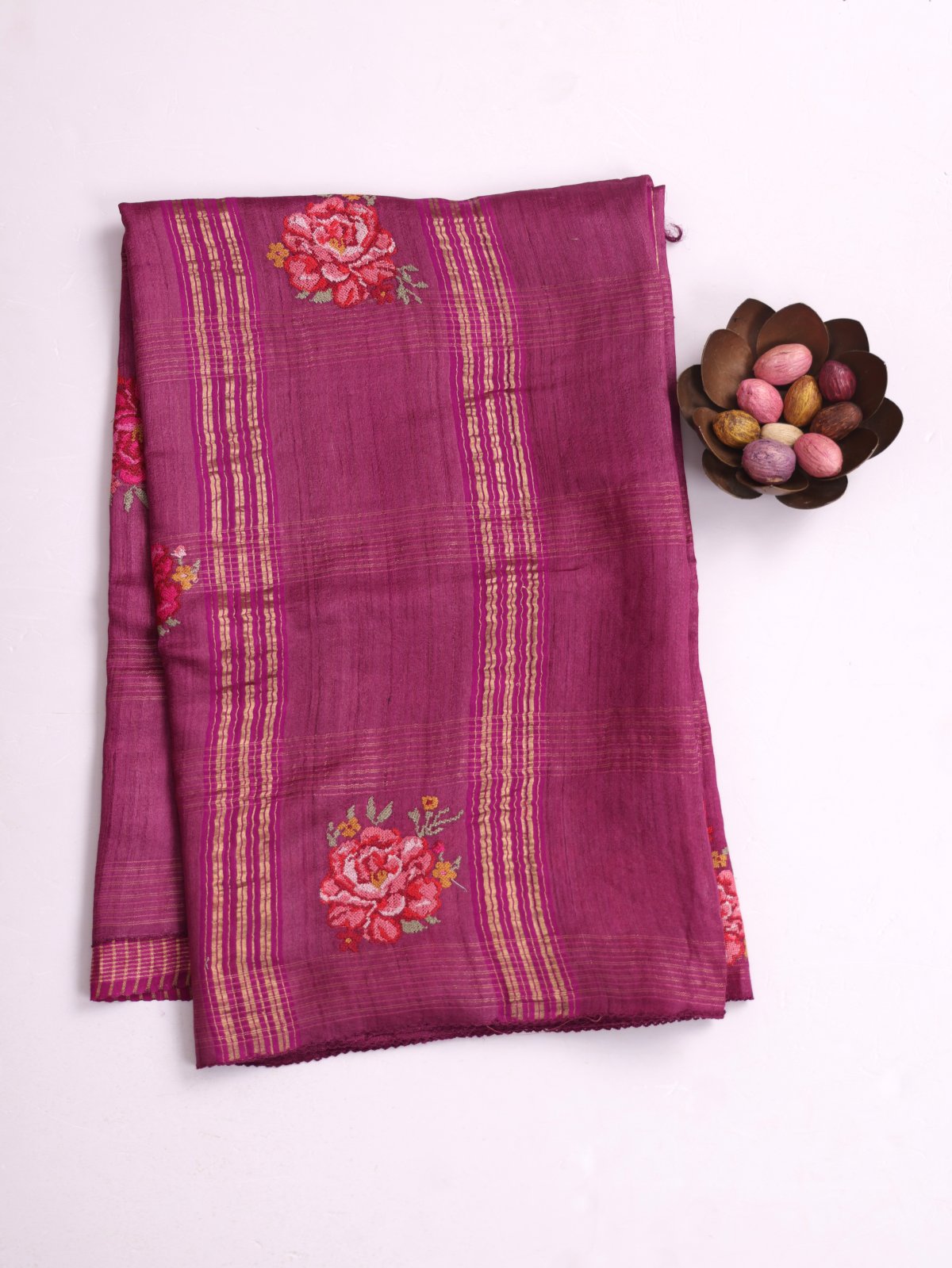 Purple Zari Striped Tussar Silk Saree With Cross-Stitch Embroidery