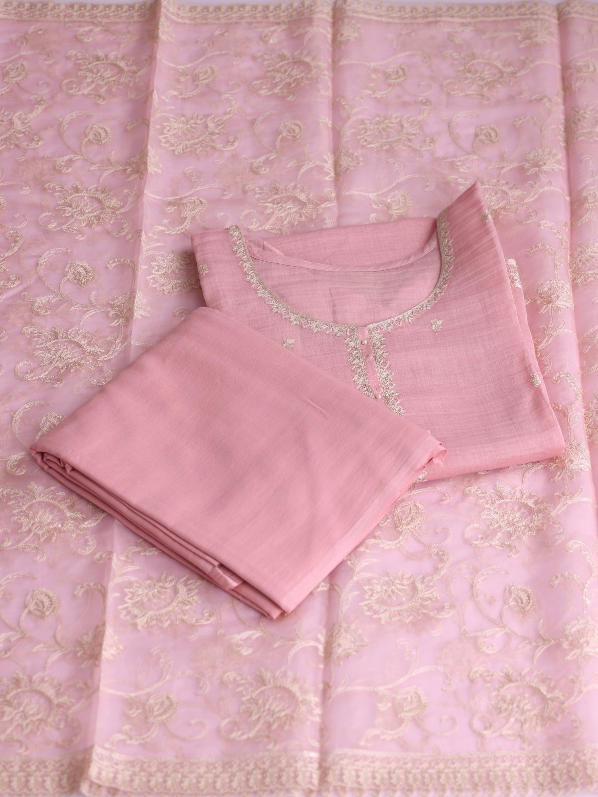 Light Pink Embroidered Mul Chanderi Cotton Salwar Material