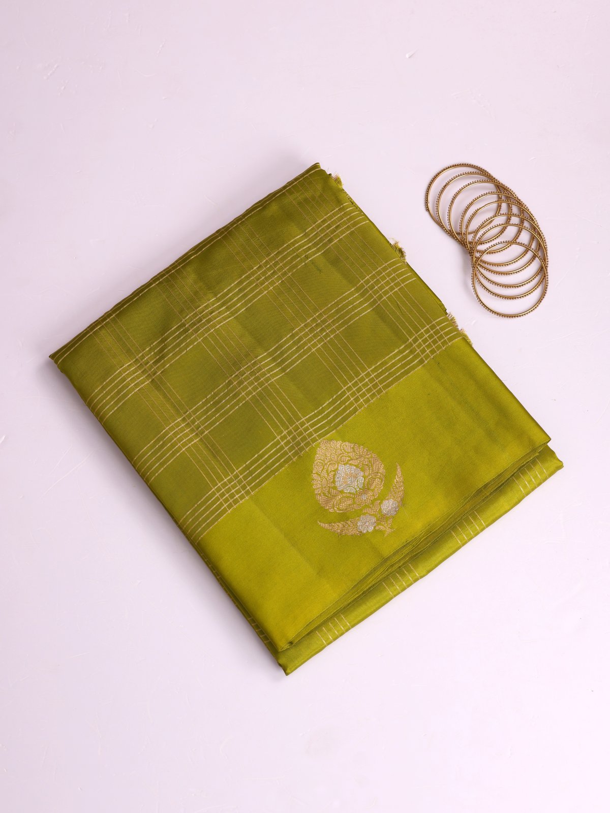 Mehndi Green Zari Checked Mashru Silk Saree With Satin Border