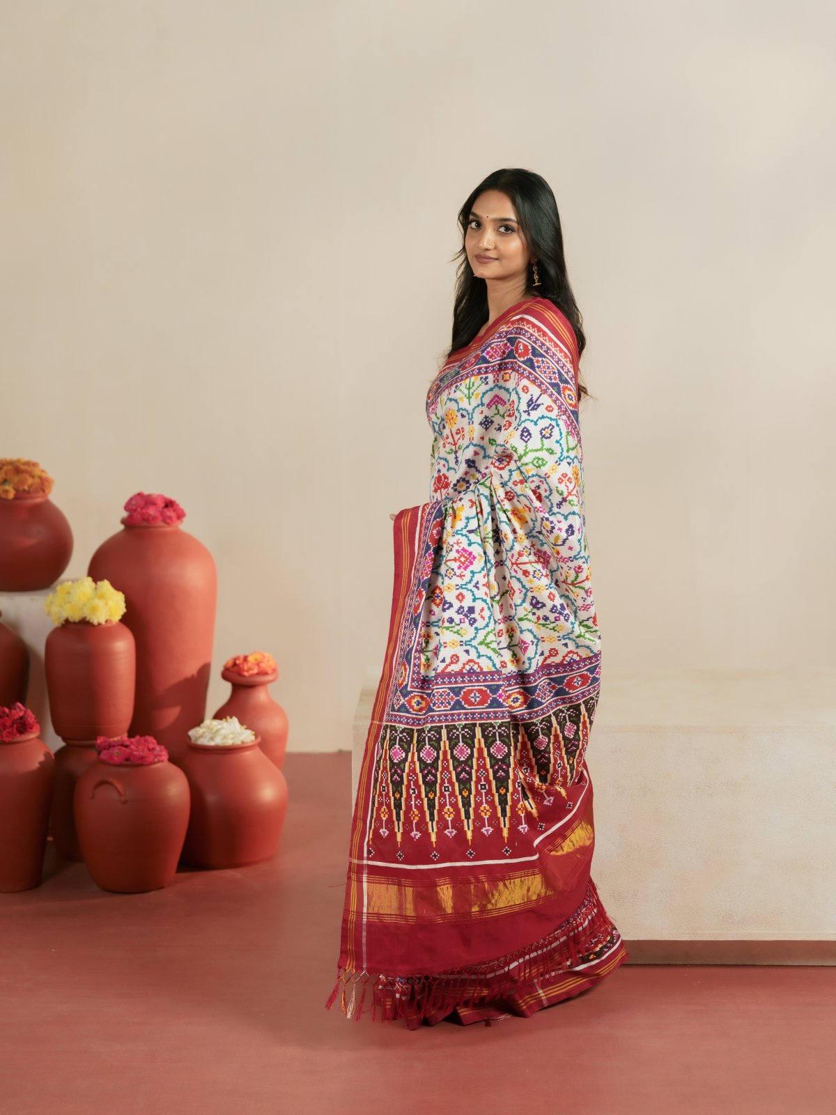 Curated 20 - White Patan Patola Silk Saree With Red Border