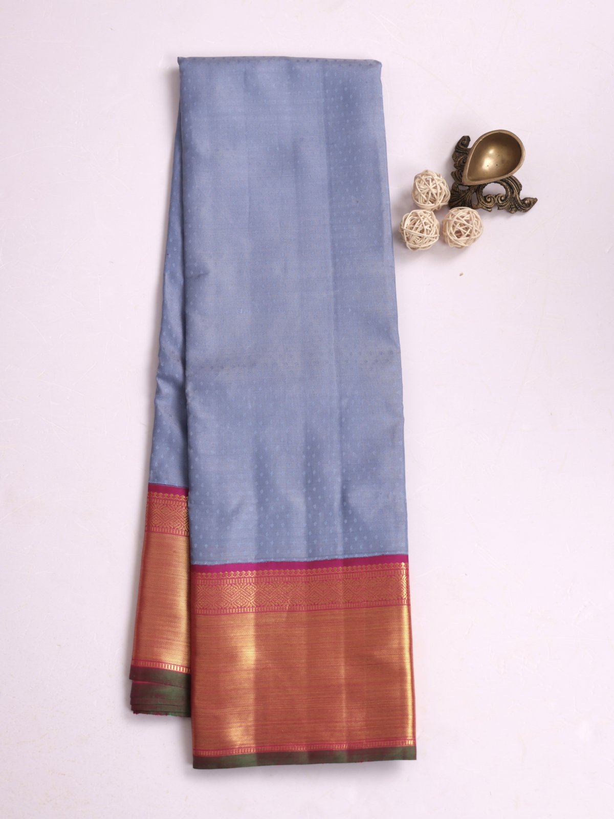 Dusty Blue Kanjeevaram Silk Saree With Purple Zari Border