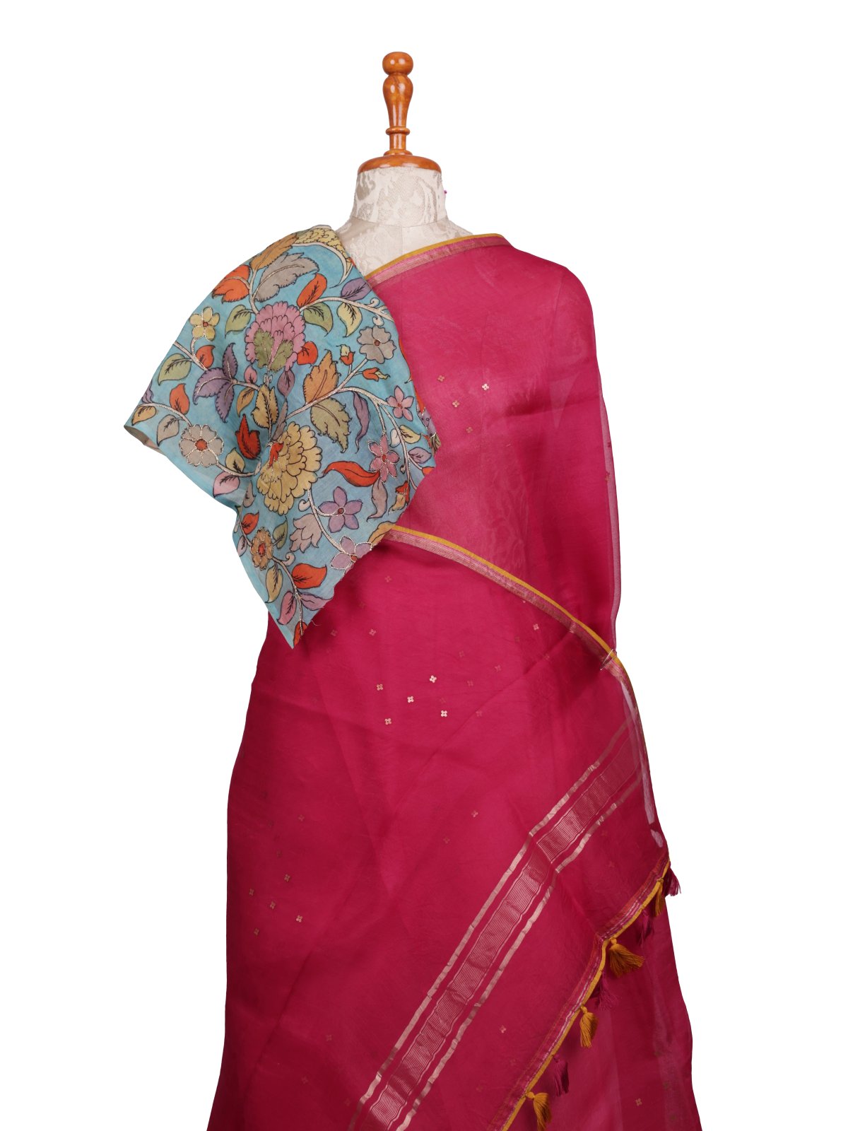 Rani Pink Organza Silk Saree With Kalamkari Blouse 