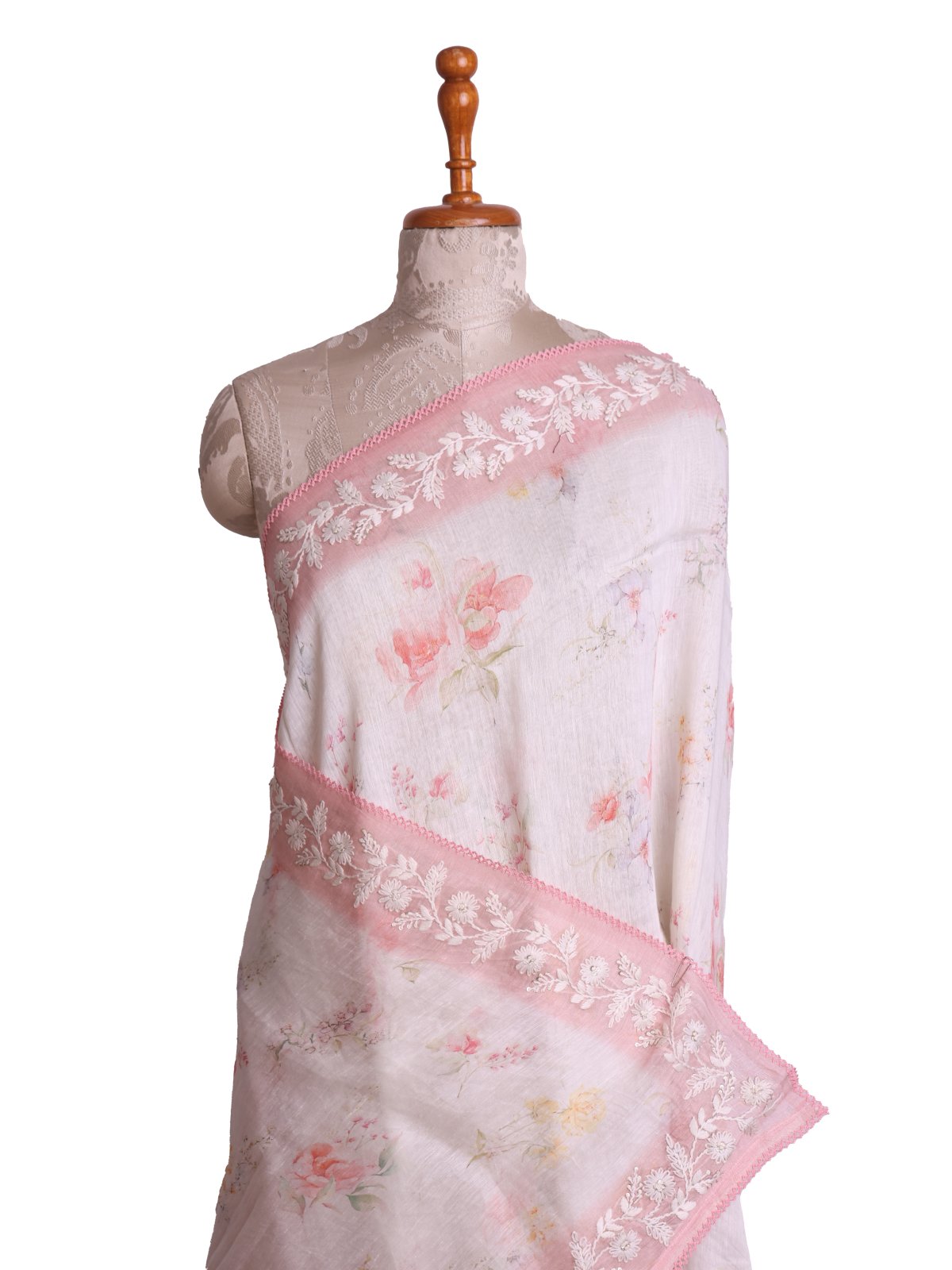 Off-White Linen Saree With Peachy Pink Embroidery Border