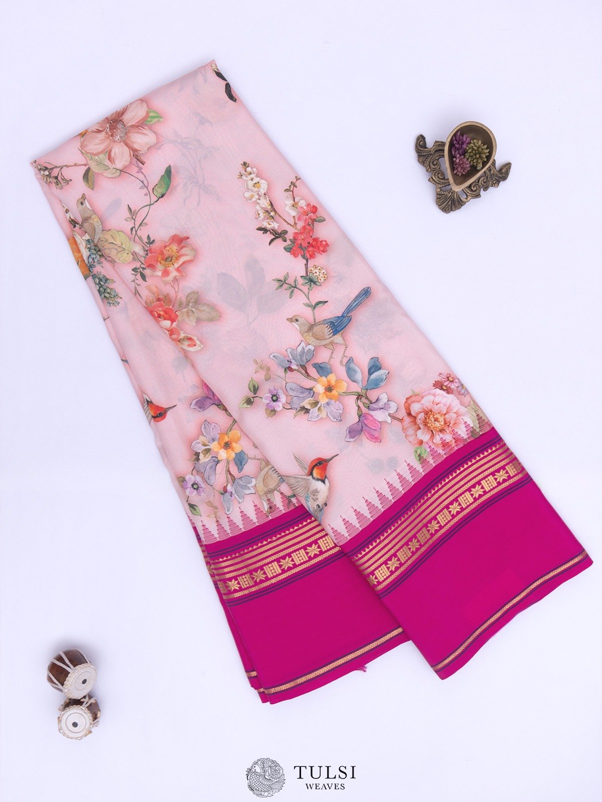 Baby Pink Printed Kanjeevaram Silk Saree With Beautiful Zari Border