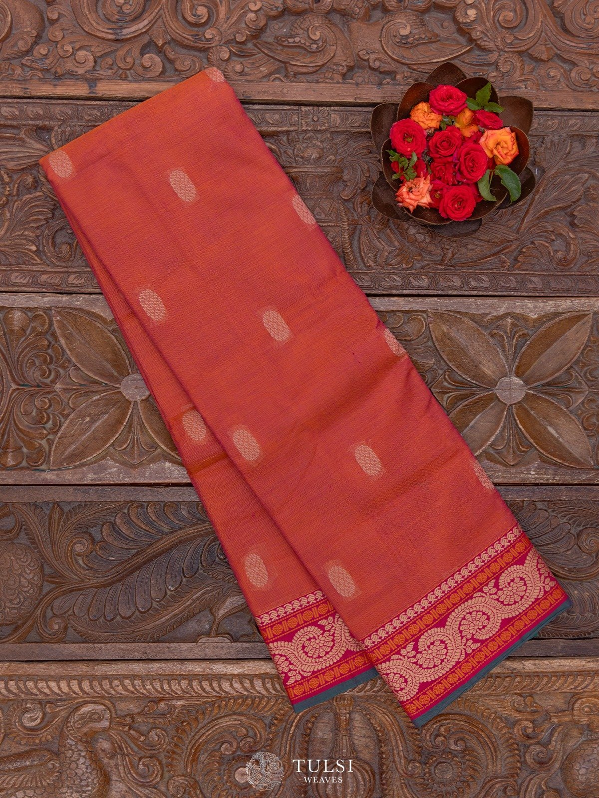 Pinkish Orange Kanchi Cotton Saree