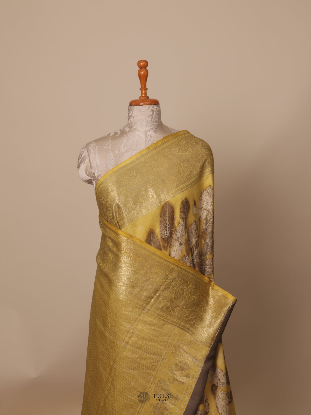 Yellow Eco Print Silk Saree
