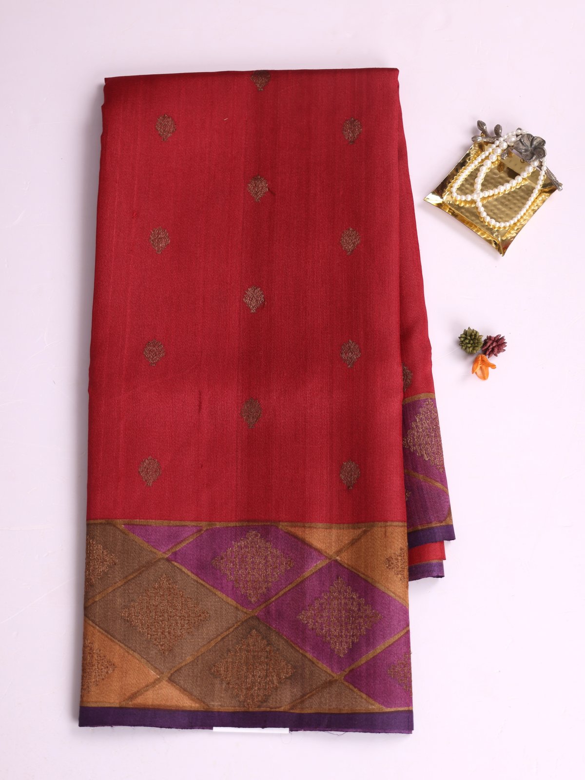 Red Banaras Tussar Silk Saree With Multi Color Border