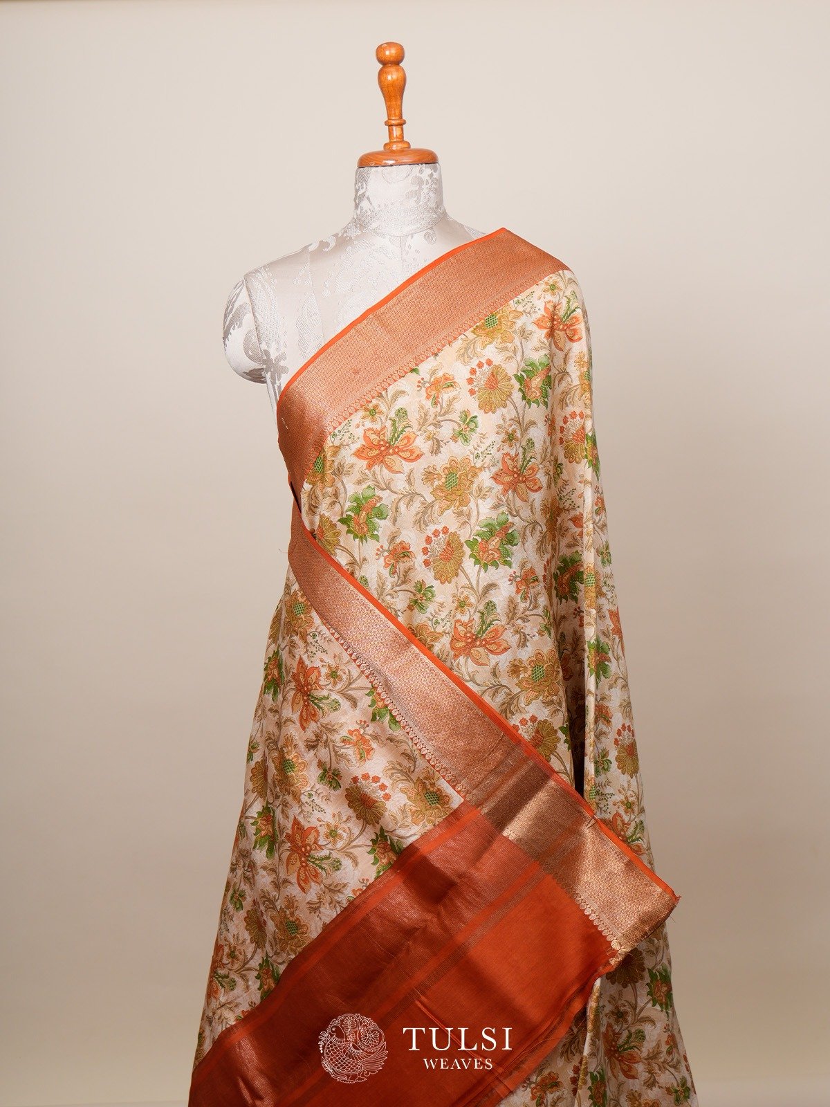 Off White Printed Chaniya Silk Saree