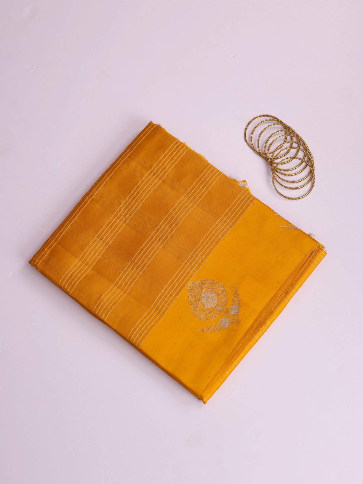 Mustard Yellow Zari Checked Mashru Silk Saree With Satin Border