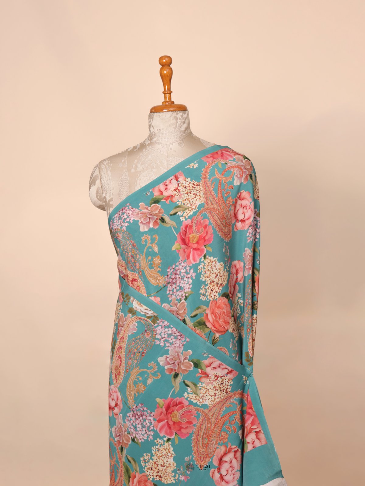 Blue Floral Printed Crepe Silk Saree