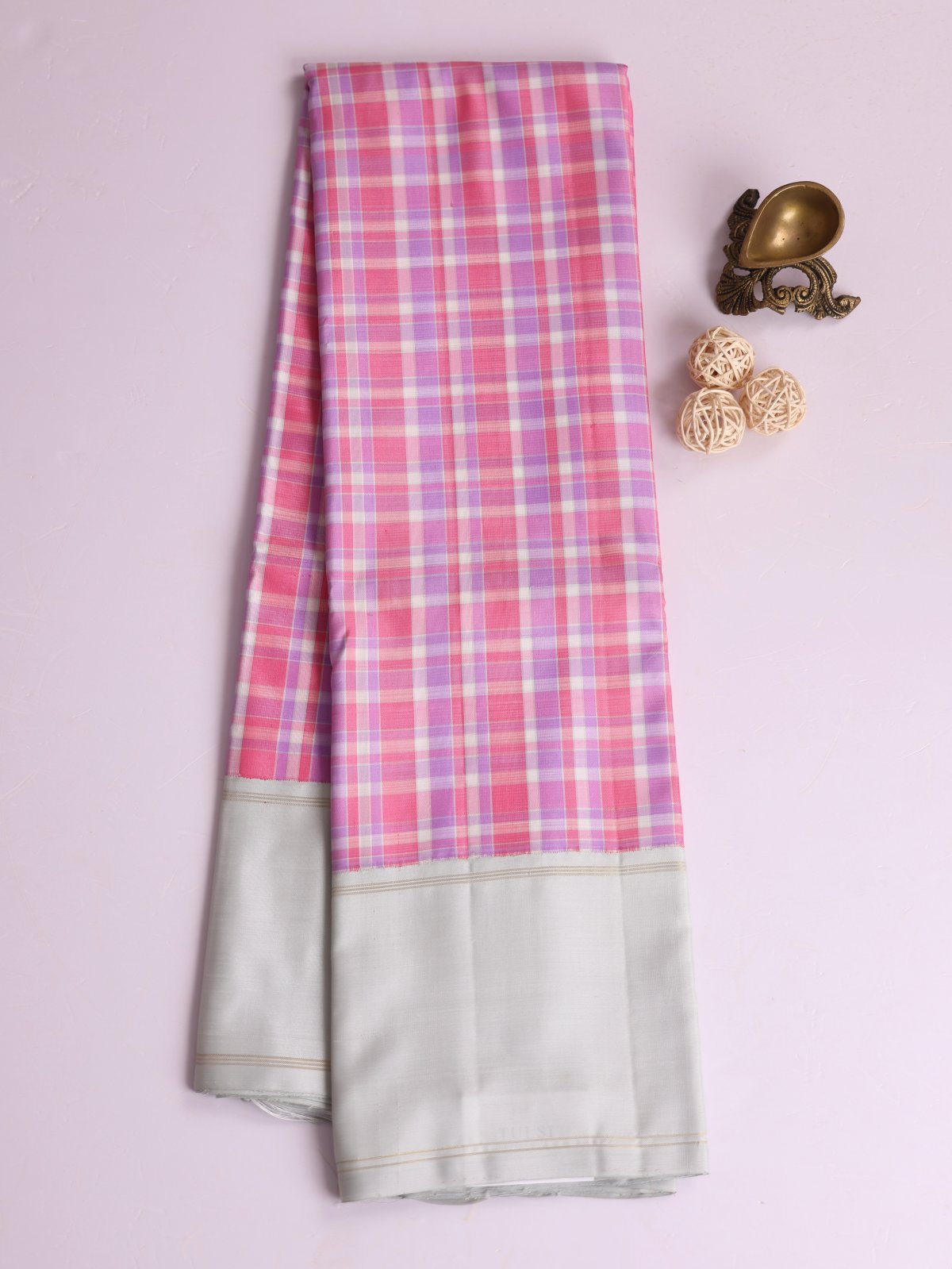 Tri Color Checked Kanjeevaram Silk Saree With Light Grey Bodi Border