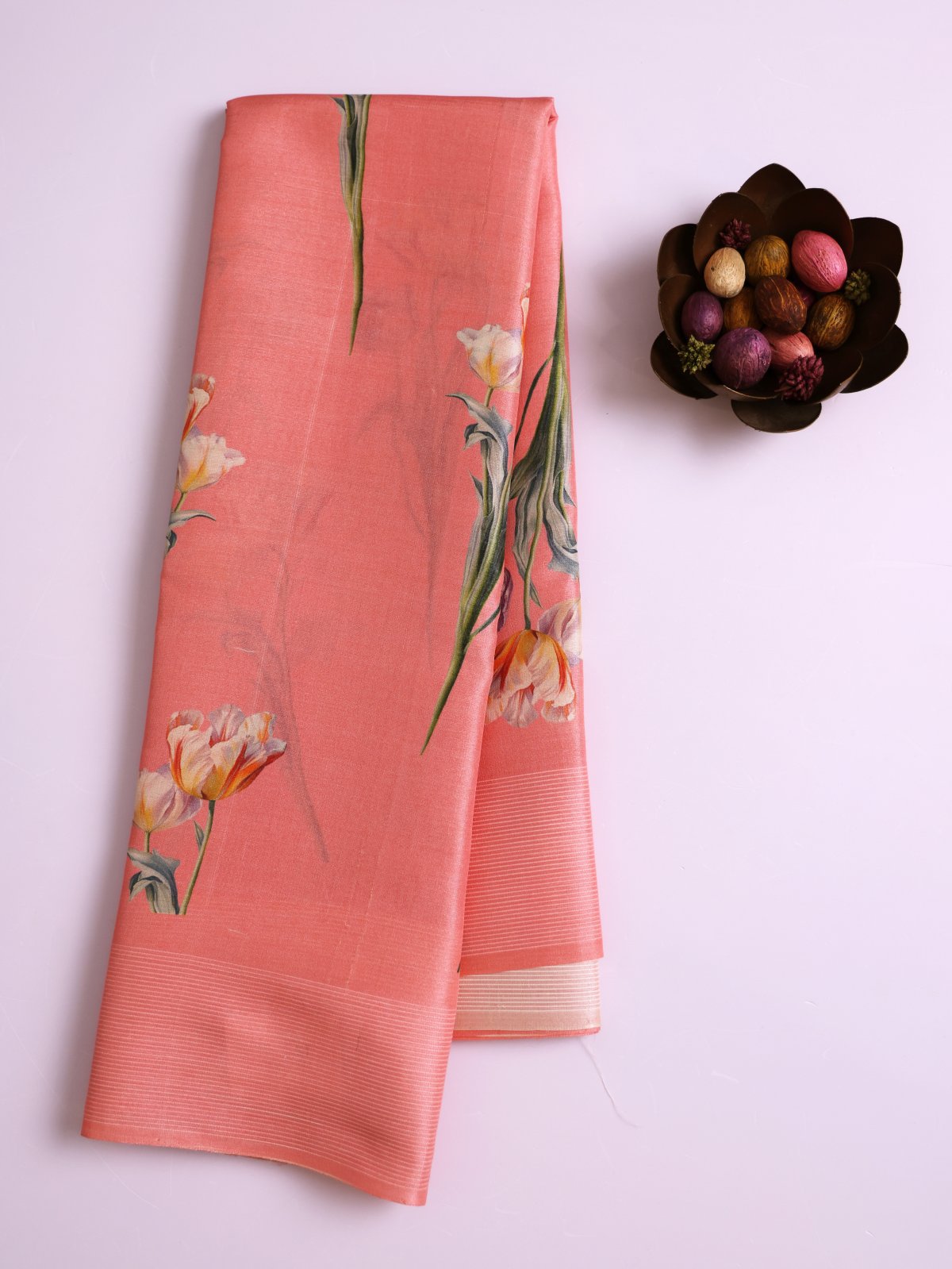 Coral Pink Printed Tussar Silk Saree