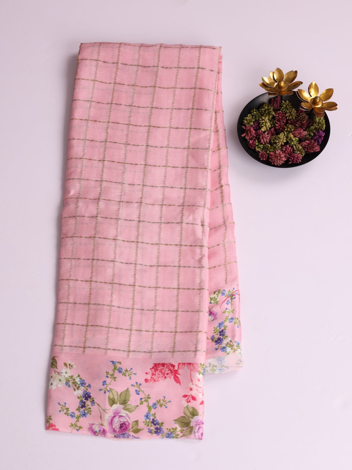 Light Pink Checked Crepe Silk Saree with Printed Satin Border