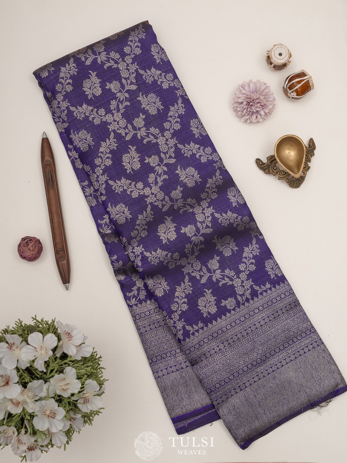 Violet Kanjeevaram Silk Saree with Antique Zari