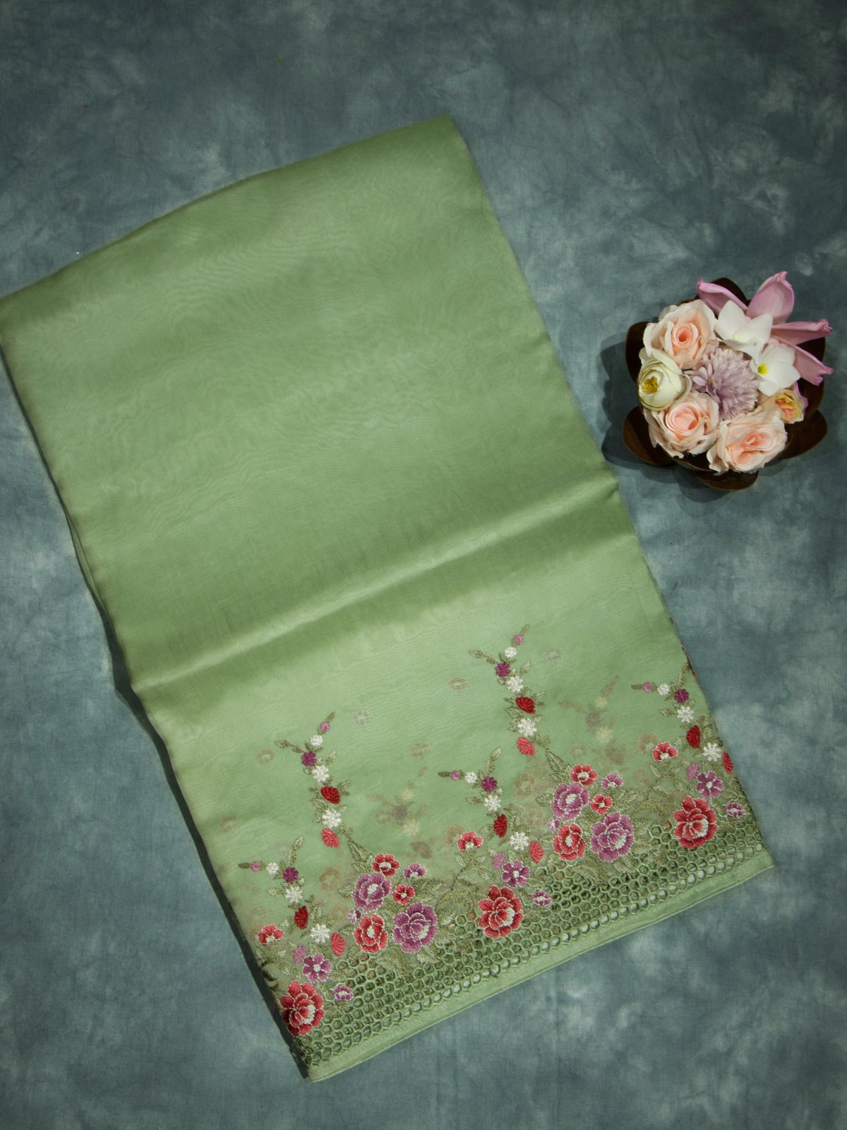 Light Green Organza Saree With Floral Embroidery