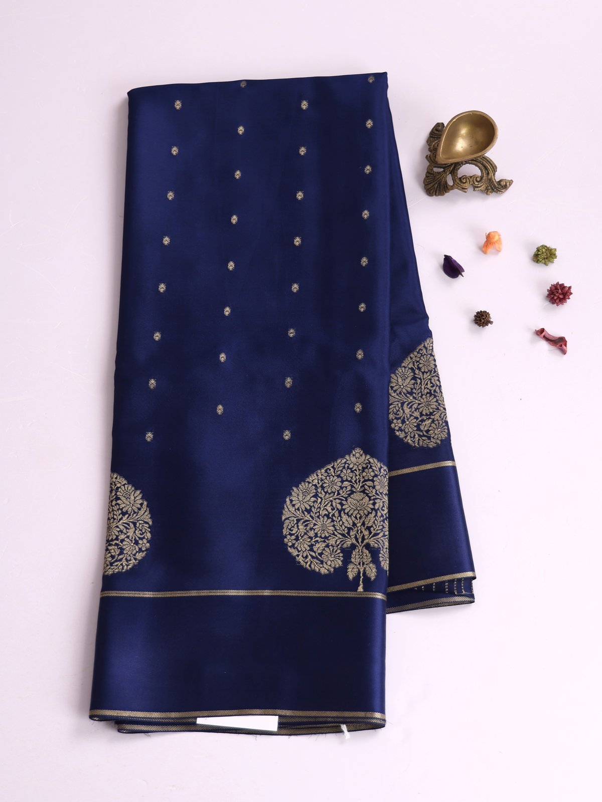 Navy Blue Mysore Silk Saree With Satin Border