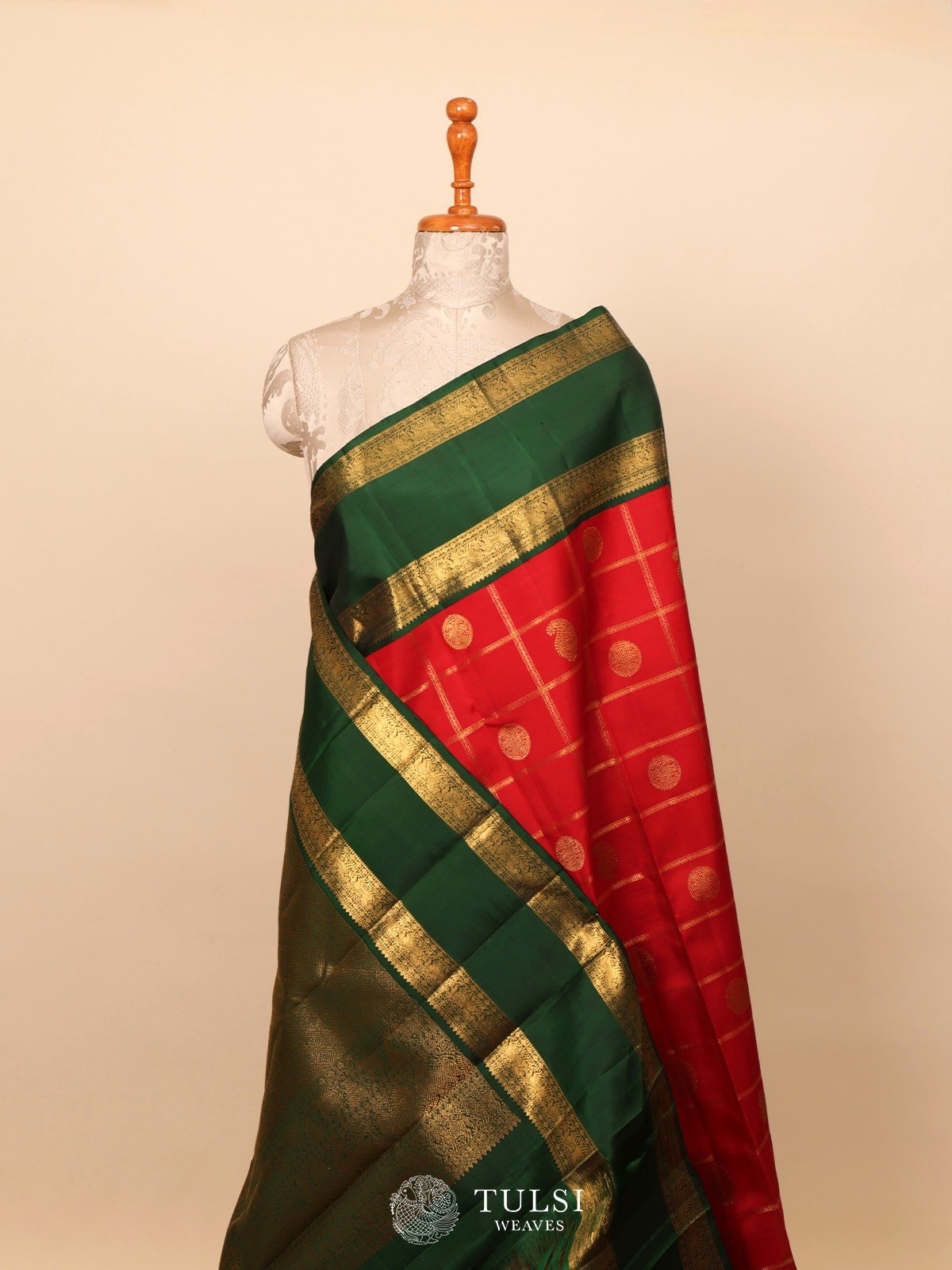 Cherry Red Kanjeevaram Silk Saree with Bottle Green Rettapet Border