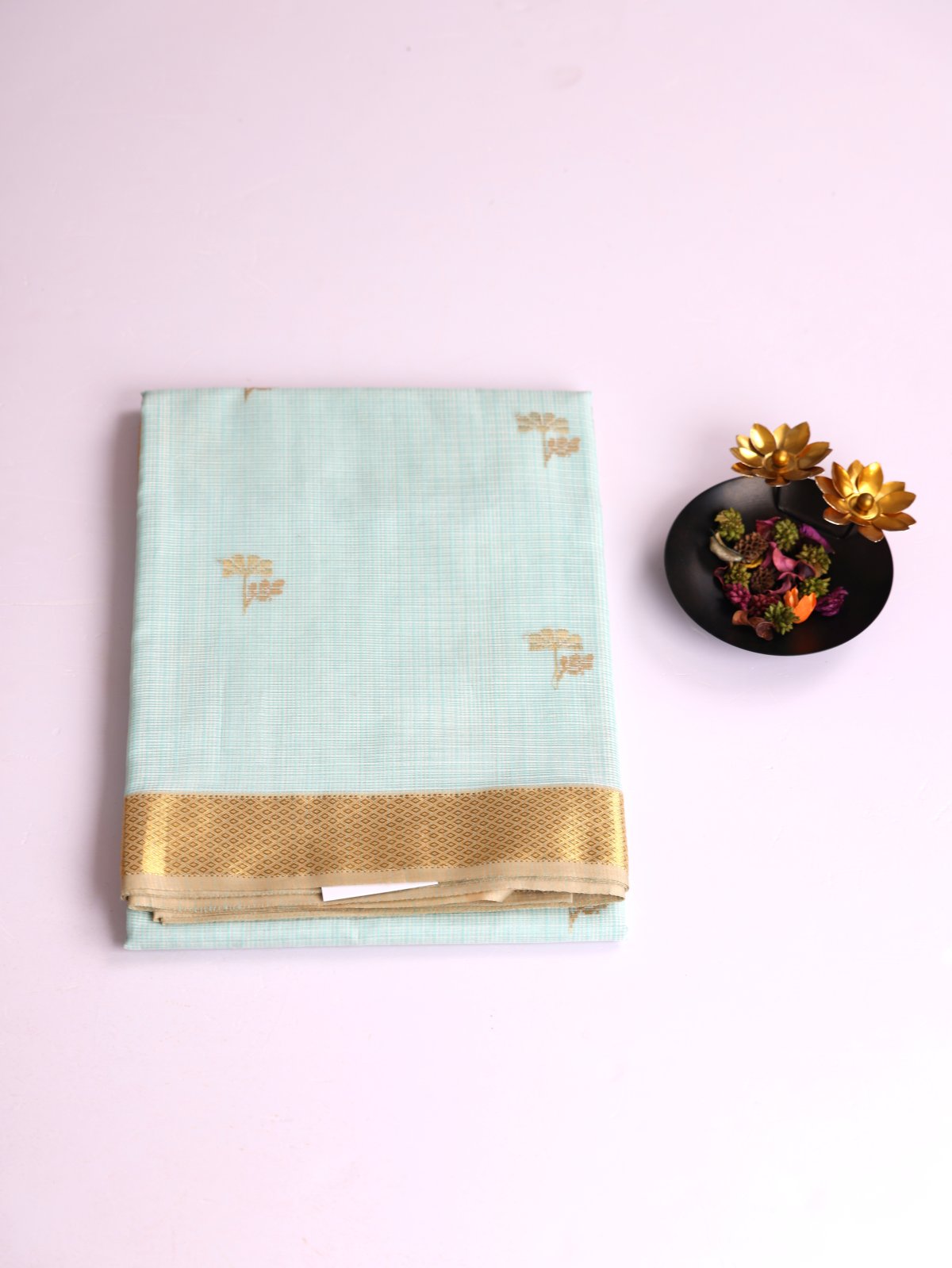 Light Turquoise Kota Cotton Silk Saree With Zari Border