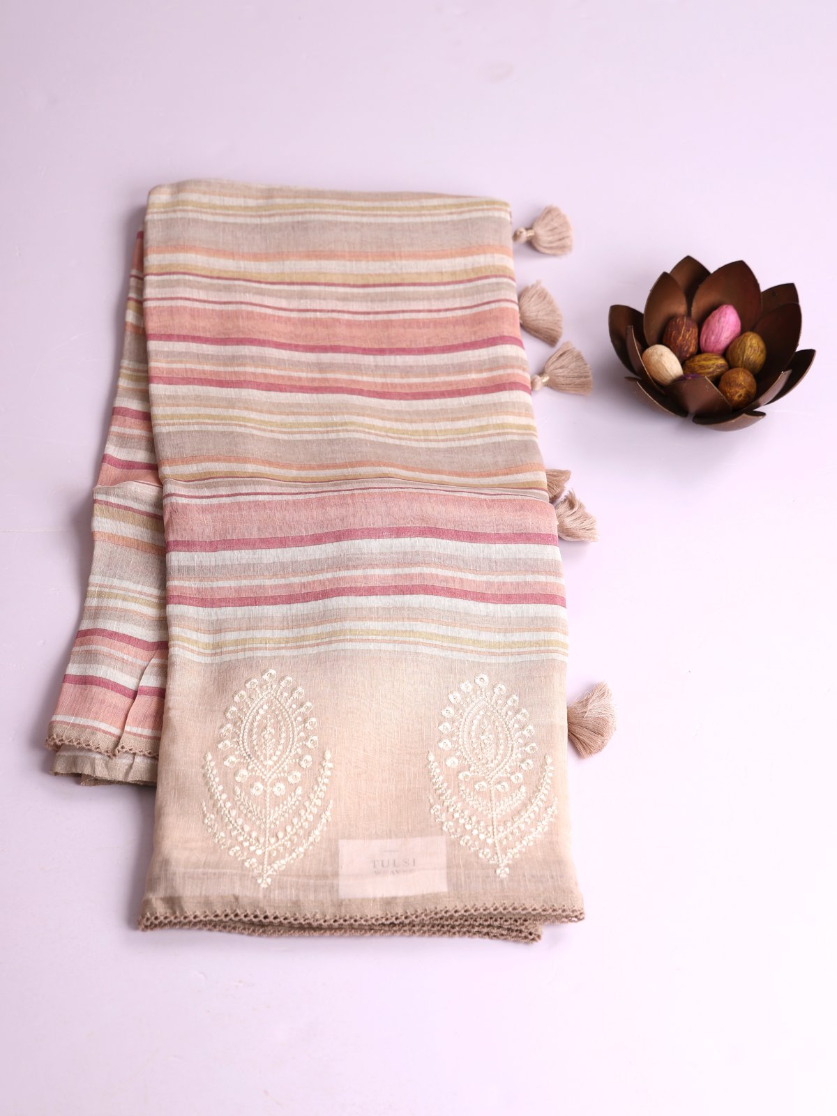 Multi Color Striped Linen Saree With Beige Embroidered Border