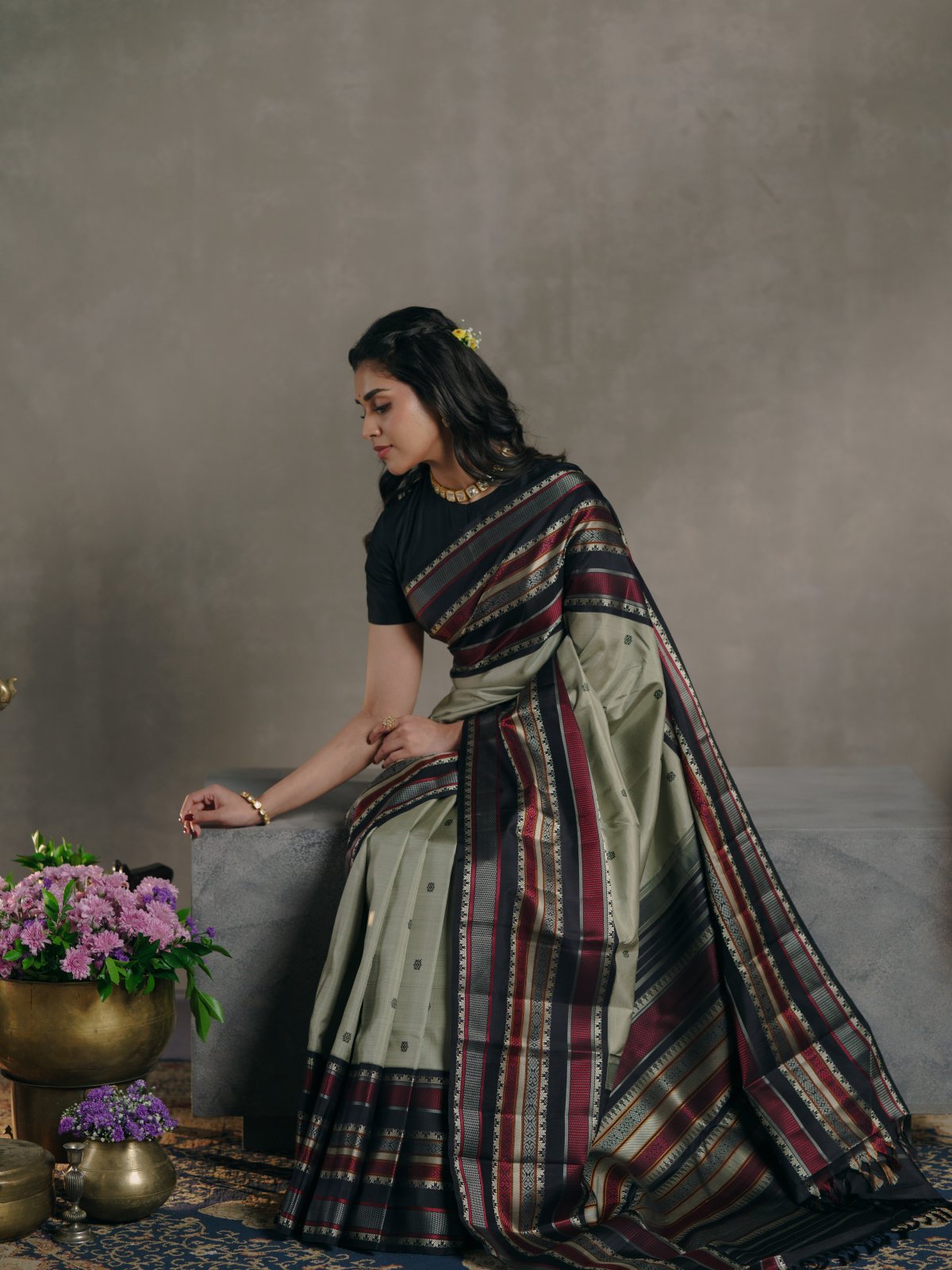 Crafted 2 - Light Grey No Zari Kanjeevaram Silk Saree With A Black Resham Border