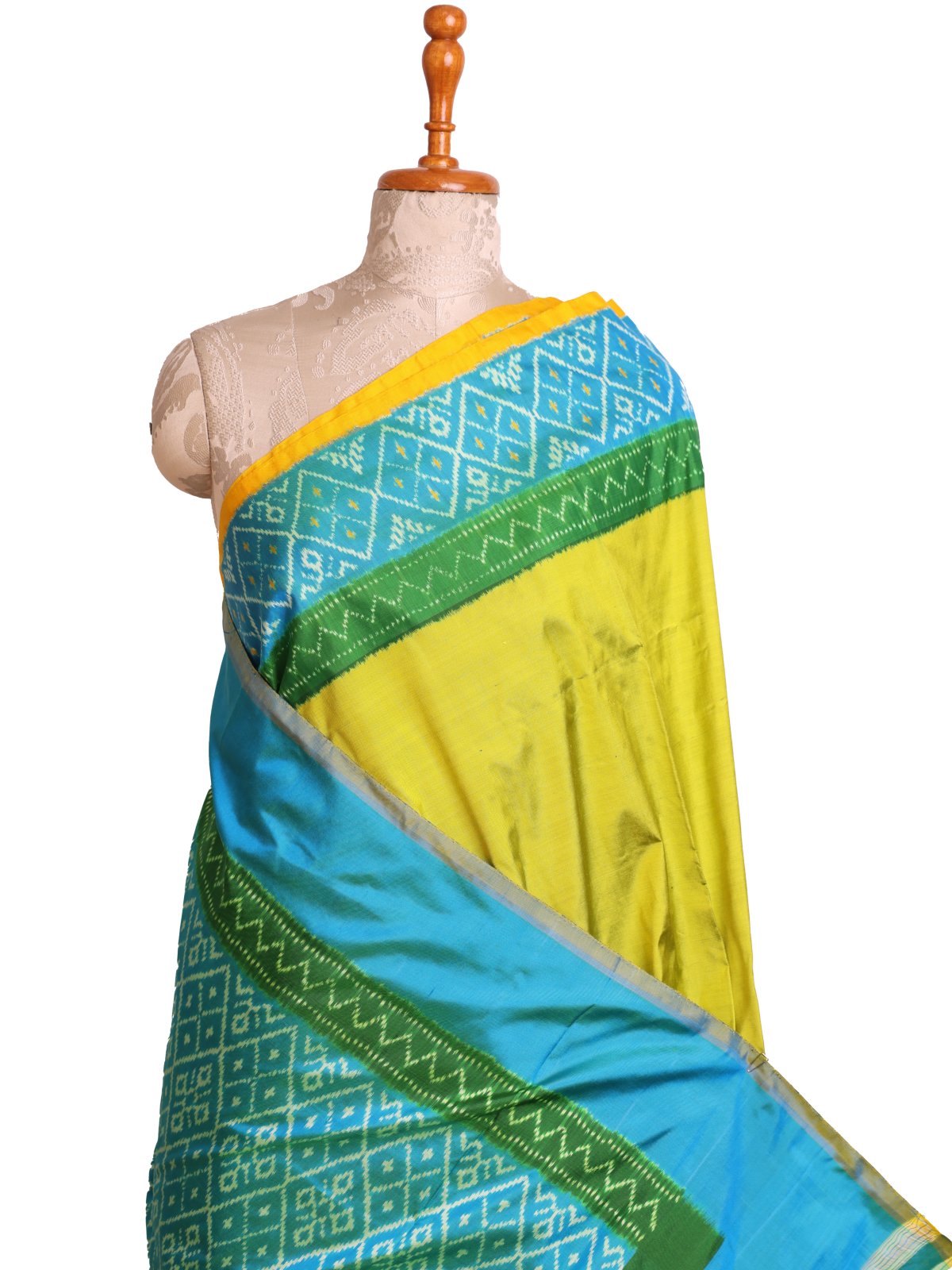 Greenish Yellow Ikat Silk Saree