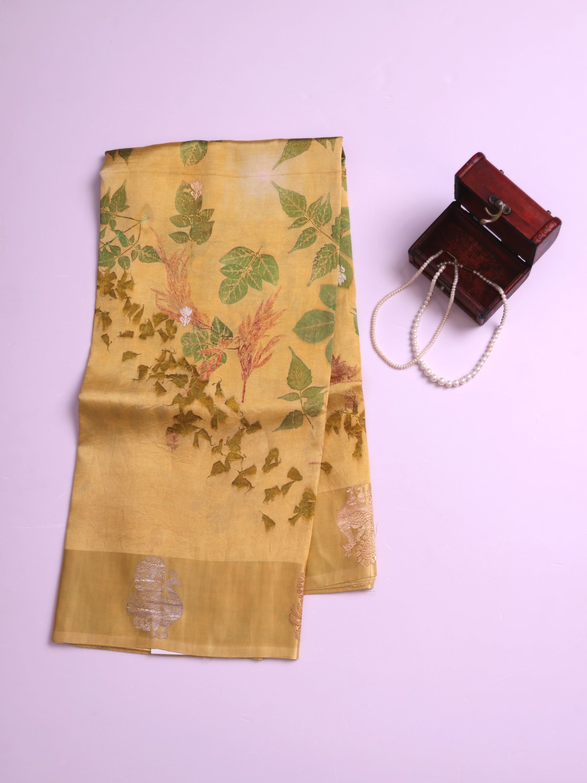 Royal Yellow Eco Print Tussar Silk Saree with Self Satin Border