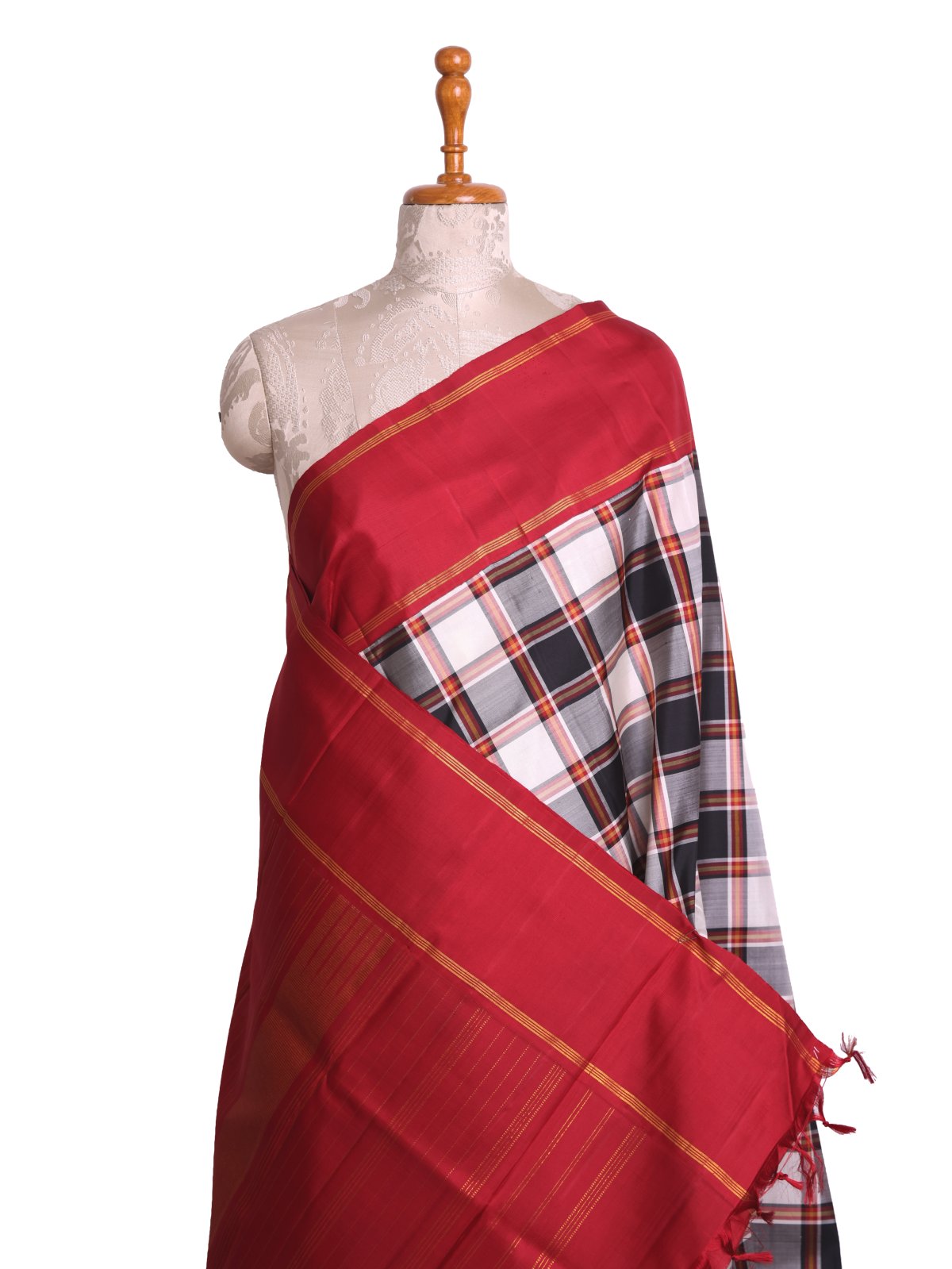 Ivory Checked Kanjeevaram Silk Saree with Dark Red Border 