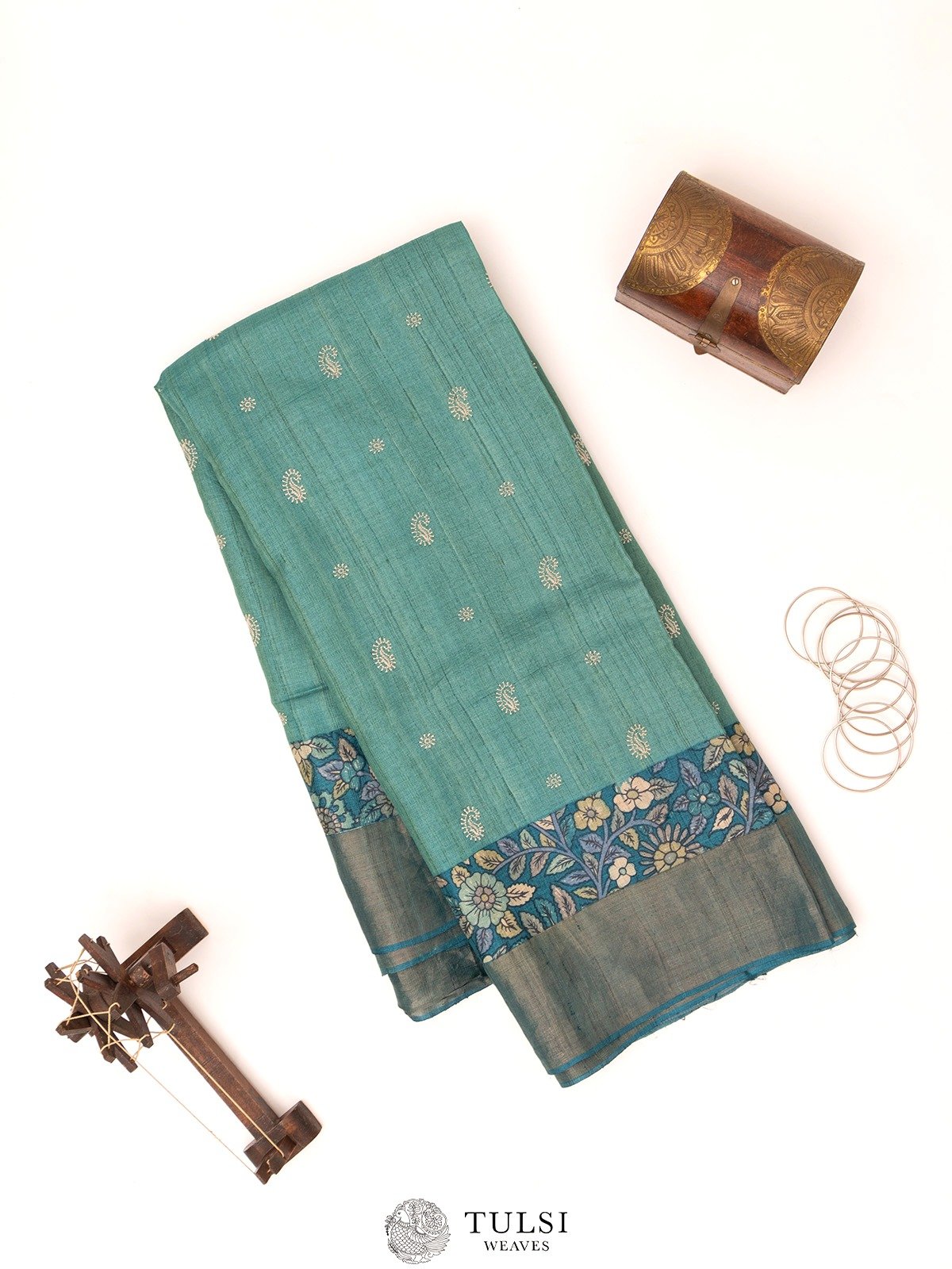 Teal Green Tussar Silk Saree With Kalamkari Border