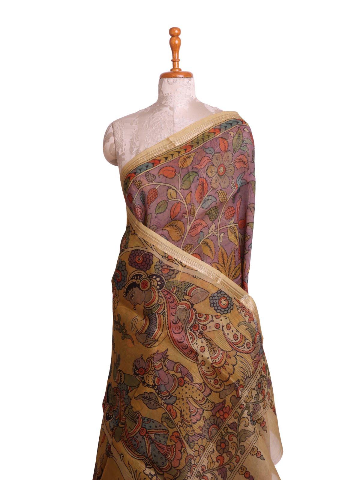 Pastel Purple Kalamkari Printed Organza Silk Saree