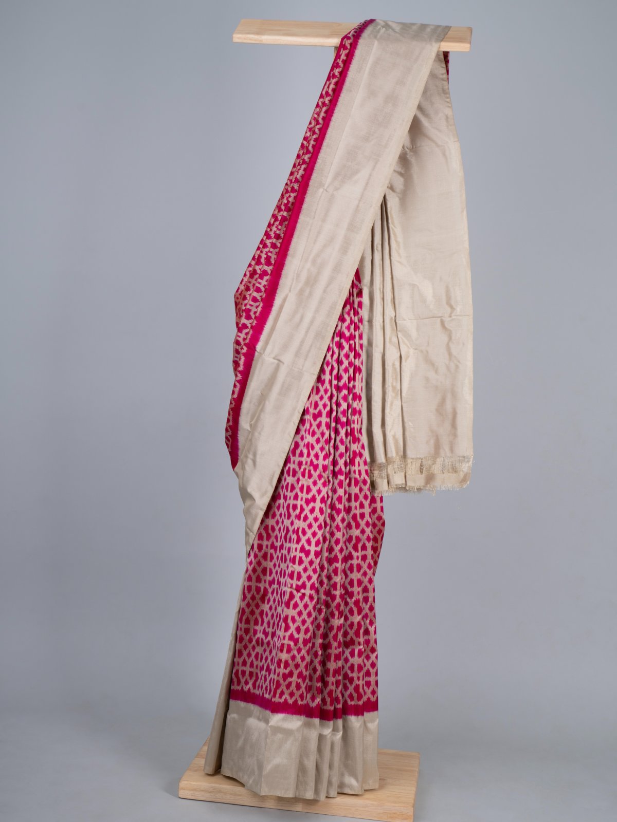 Hot Pink IKat Silk Saree With Off-White Border