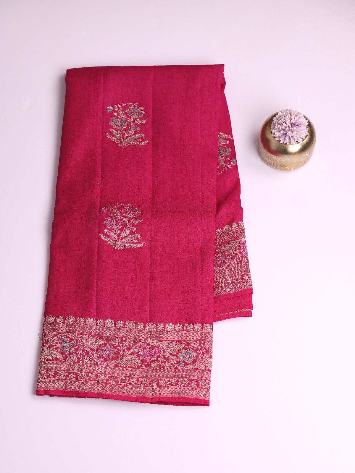 Rani Pink Banaras Tussar Georgette Silk Saree With Meenakari Border