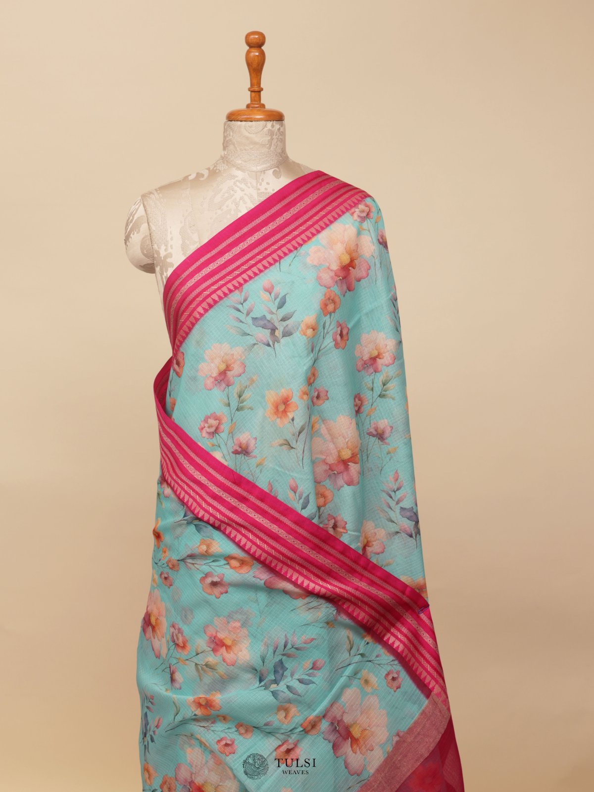 Blue Semi Kota Saree With Pink Border
