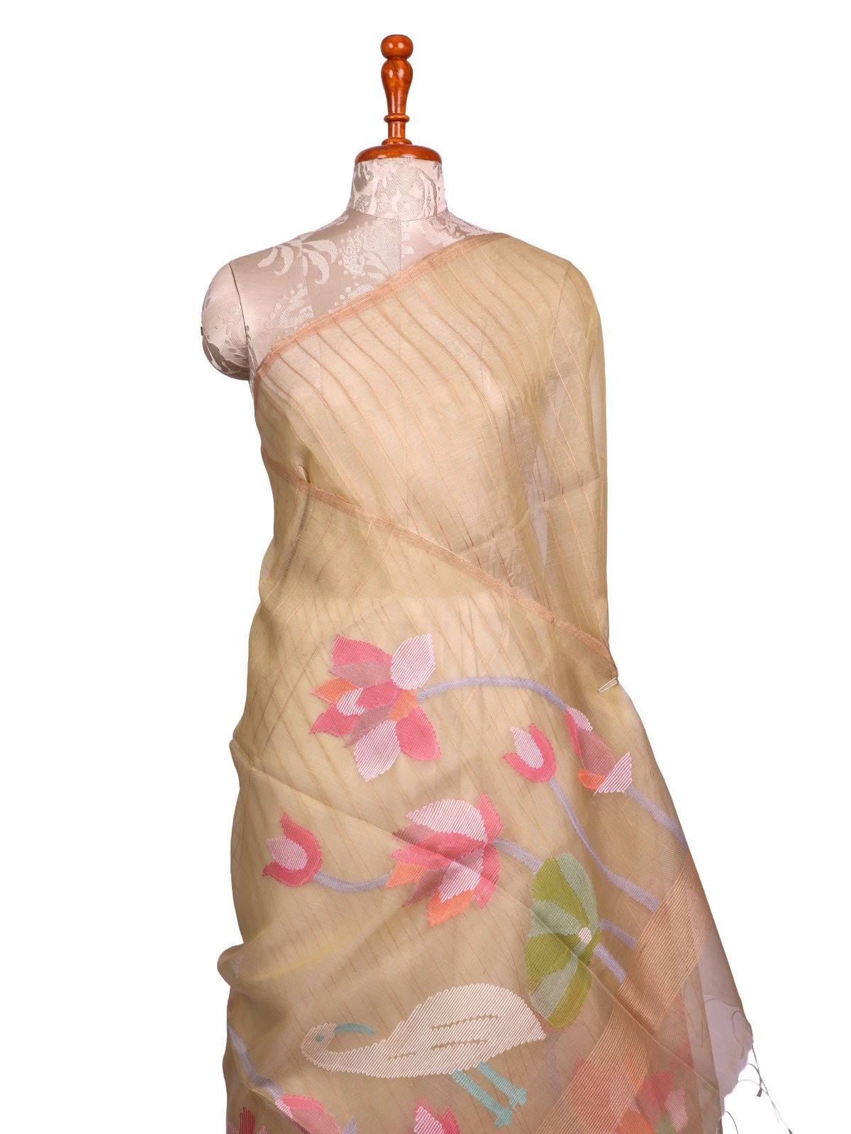 Beige Striped Kora Jamdani Silk Saree