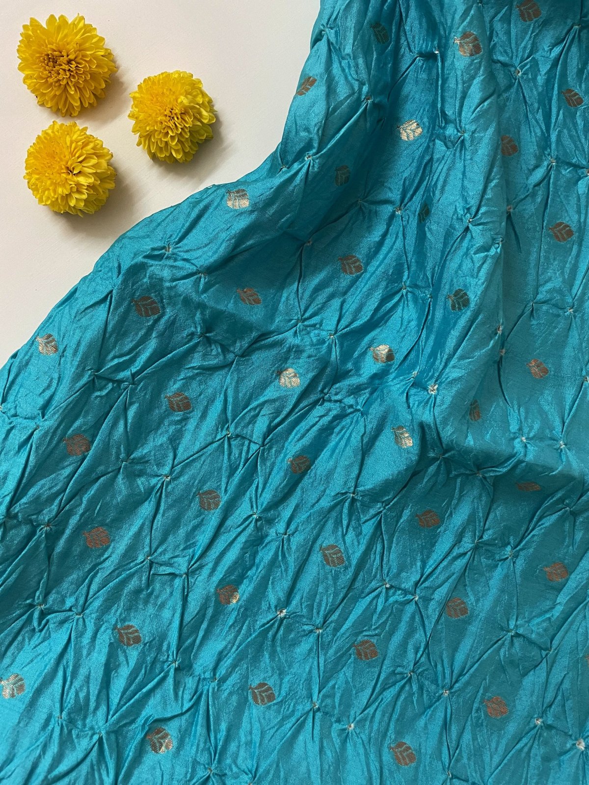 Blue Bandhani Silk Blouse With Gold Zari 