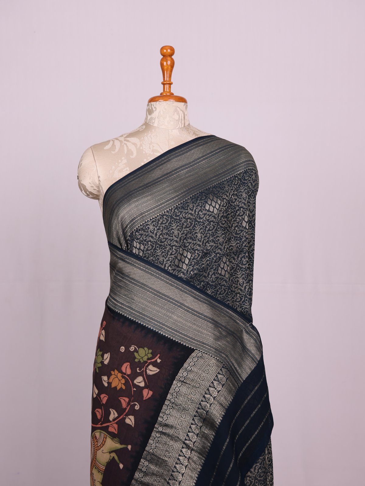 Dark Teal Blue Mysore Crepe Silk Saree With Kalamkari Pallu 