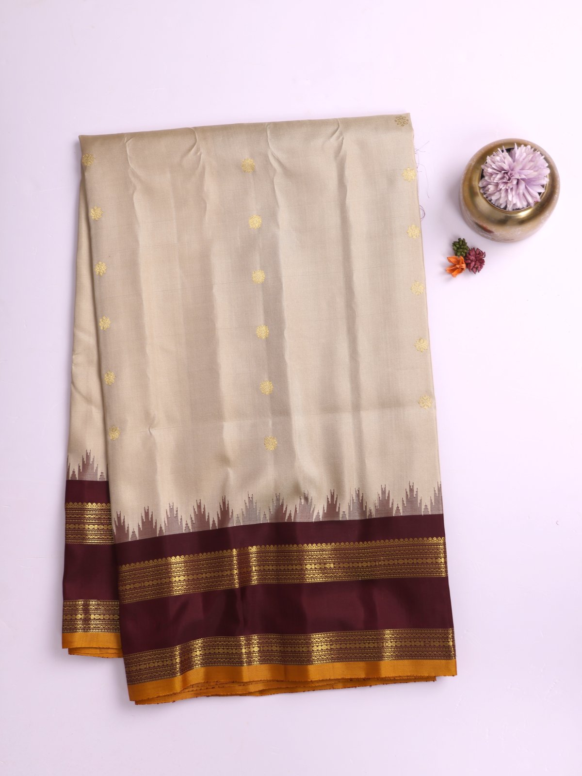 Beige Gadwal Silk Saree With Brown Border