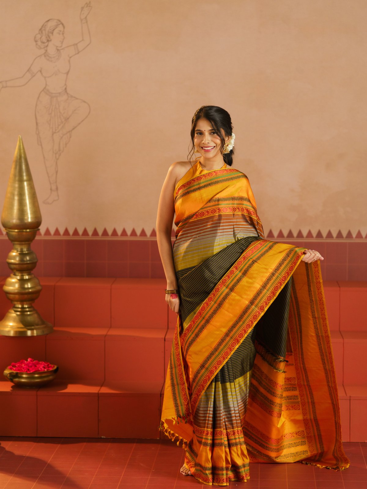 Crafted 28 - Black Multicolor Striped Kanjeevaram Silk Saree With Mustard Yellow Border