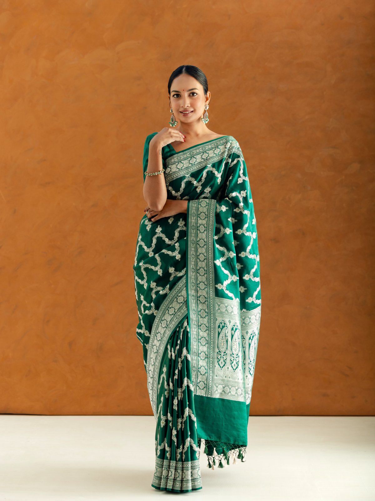 Emerald Green Mashru Silk Saree with Self Zari Border