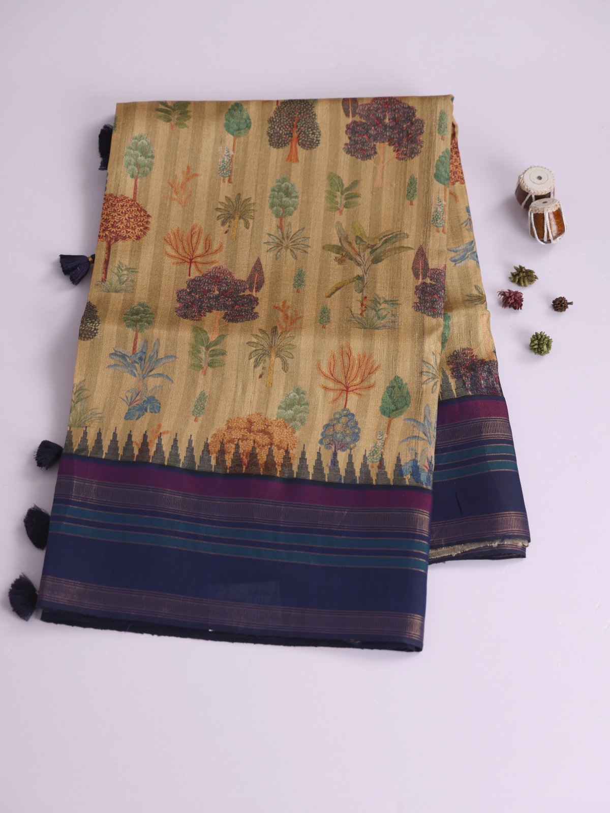 Mustard Yellow Printed Tussar Silk Saree With Navy Blue Border
