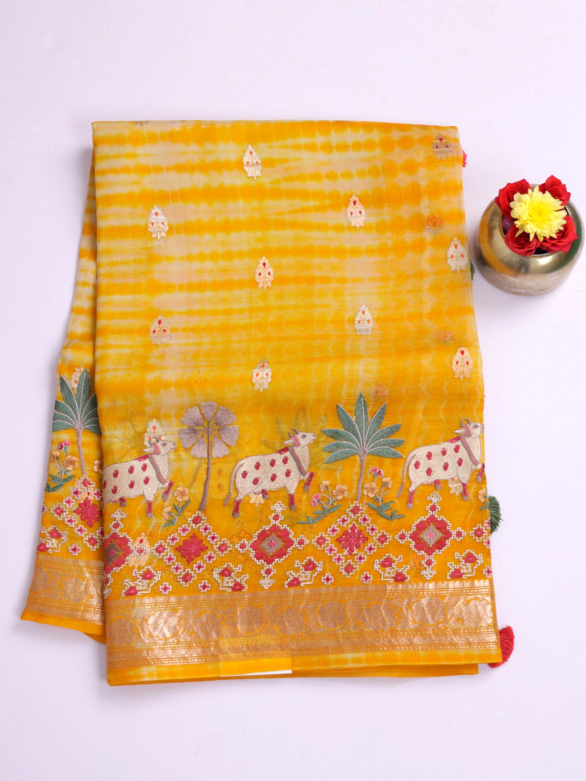 Yellow Organza Silk Saree With Embroidered Border