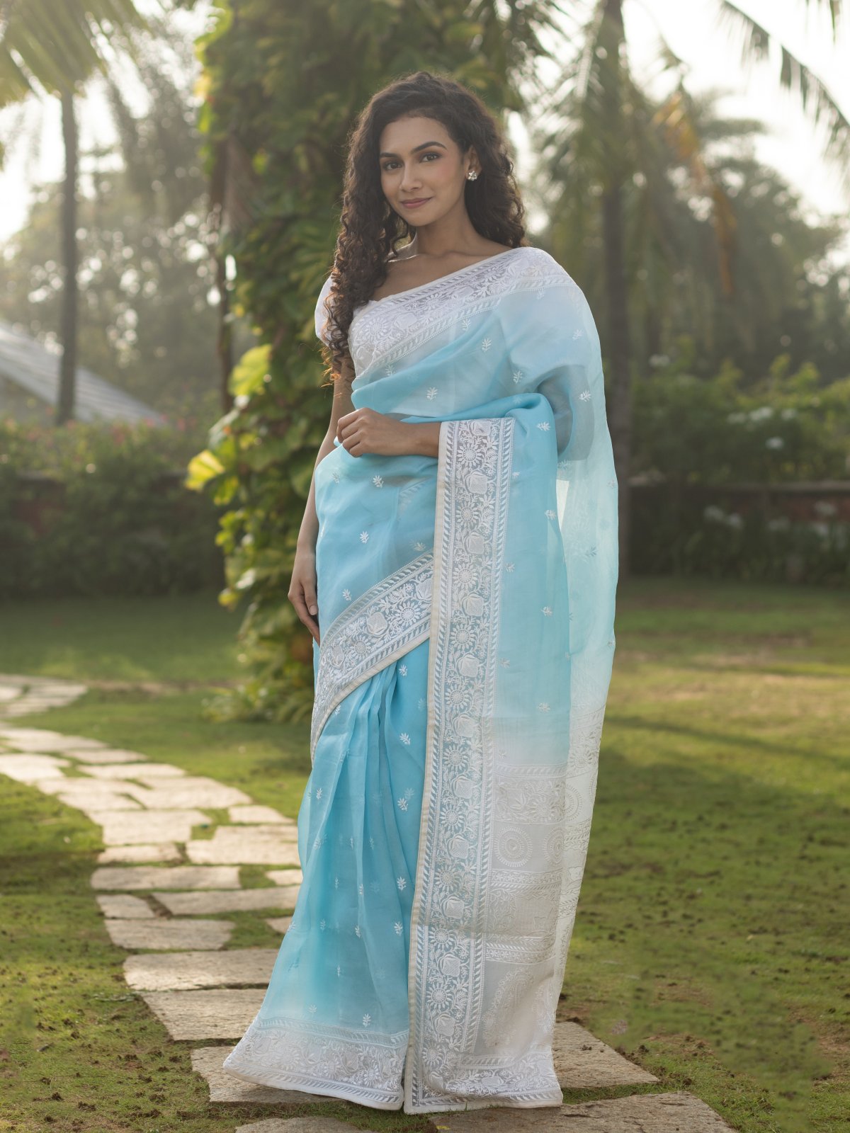 Light Blue Organza Saree With Floral Embroidery