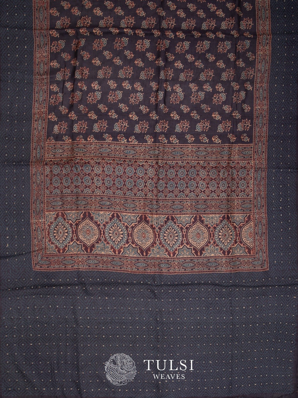 Dark Raisin Tussar Silk Saree with Printed Ajrakh