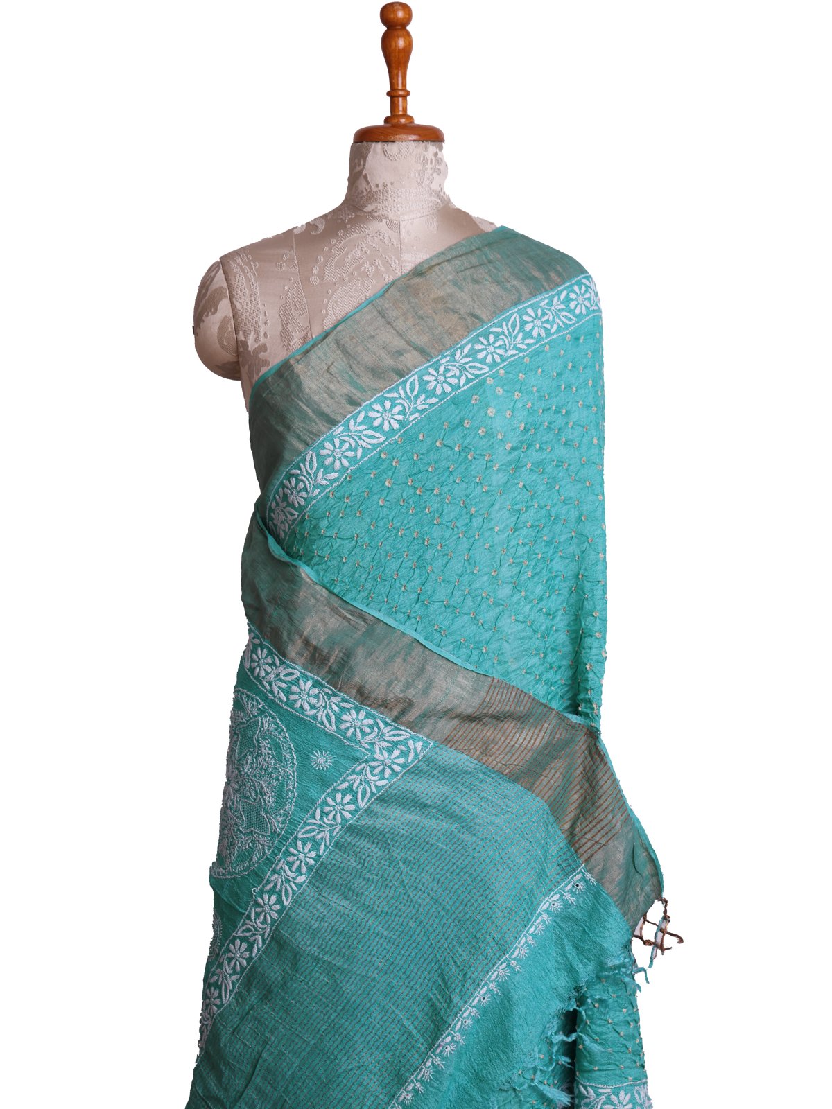 Turquoise Blue Bandhini Silk Saree With Chikankari Embroidery