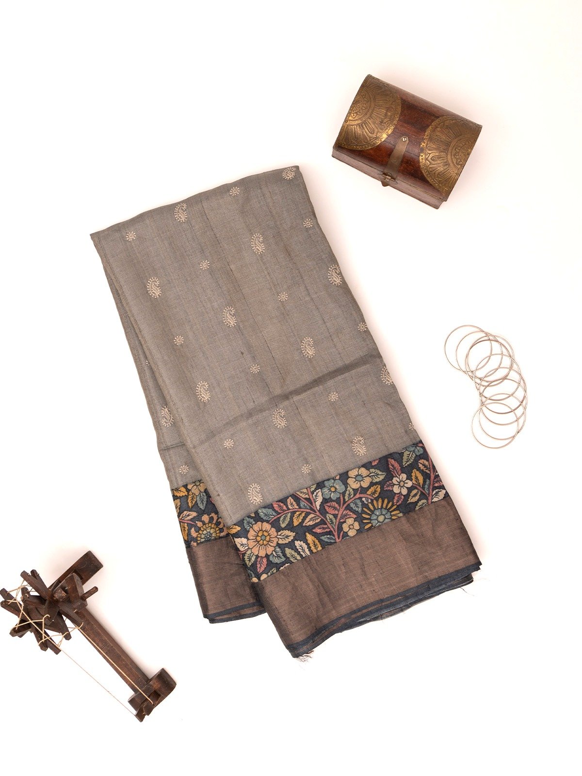 Gray Tussar Silk Saree With Kalamkari Border